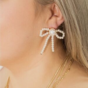 White Pearl Bow Earrings Statement Jewelry
